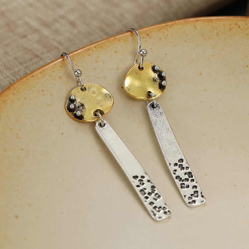 Women's Minimal Retro Dual Tone Long Bar Dangle Hook Earrings